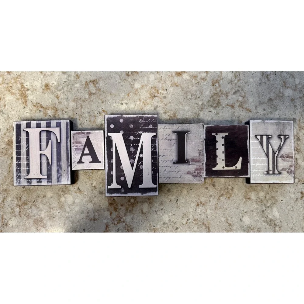 Family Wooden Block Wall Art Sign Rustic Farmhouse Home Decor Black White Grey‎